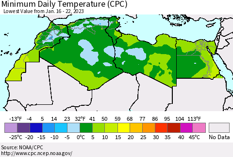 North Africa Minimum Daily Temperature (CPC) Thematic Map For 1/16/2023 - 1/22/2023
