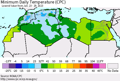 North Africa Minimum Daily Temperature (CPC) Thematic Map For 1/23/2023 - 1/29/2023