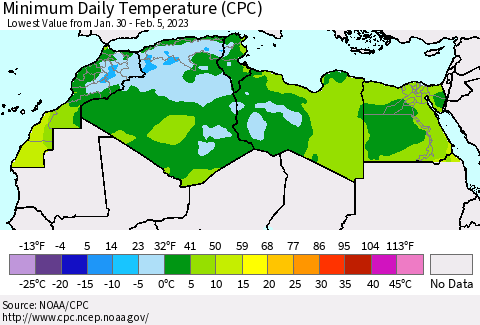 North Africa Minimum Daily Temperature (CPC) Thematic Map For 1/30/2023 - 2/5/2023
