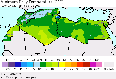 North Africa Minimum Daily Temperature (CPC) Thematic Map For 2/6/2023 - 2/12/2023