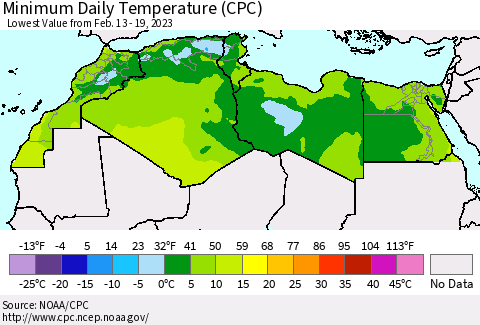 North Africa Minimum Daily Temperature (CPC) Thematic Map For 2/13/2023 - 2/19/2023