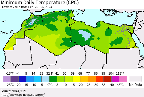 North Africa Minimum Daily Temperature (CPC) Thematic Map For 2/20/2023 - 2/26/2023