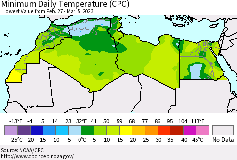 North Africa Minimum Daily Temperature (CPC) Thematic Map For 2/27/2023 - 3/5/2023