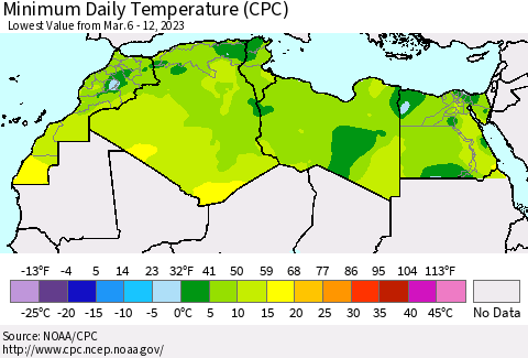 North Africa Minimum Daily Temperature (CPC) Thematic Map For 3/6/2023 - 3/12/2023