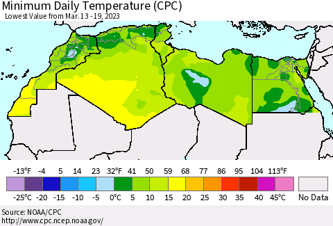 North Africa Minimum Daily Temperature (CPC) Thematic Map For 3/13/2023 - 3/19/2023