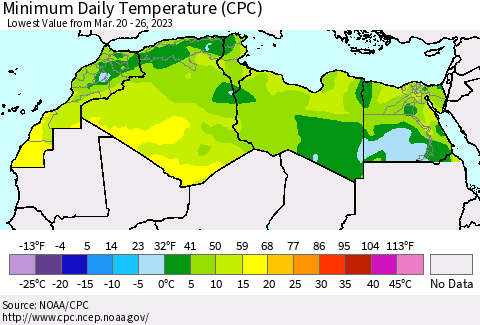 North Africa Minimum Daily Temperature (CPC) Thematic Map For 3/20/2023 - 3/26/2023