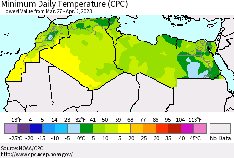 North Africa Minimum Daily Temperature (CPC) Thematic Map For 3/27/2023 - 4/2/2023