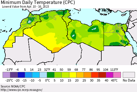 North Africa Minimum Daily Temperature (CPC) Thematic Map For 4/10/2023 - 4/16/2023