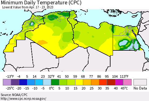 North Africa Minimum Daily Temperature (CPC) Thematic Map For 4/17/2023 - 4/23/2023