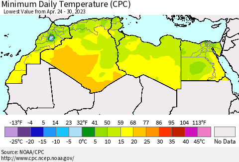 North Africa Minimum Daily Temperature (CPC) Thematic Map For 4/24/2023 - 4/30/2023