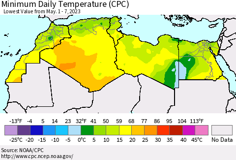 North Africa Minimum Daily Temperature (CPC) Thematic Map For 5/1/2023 - 5/7/2023
