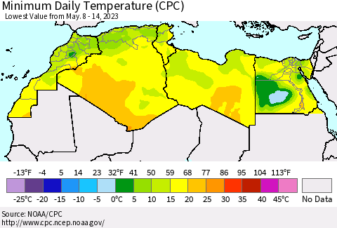 North Africa Minimum Daily Temperature (CPC) Thematic Map For 5/8/2023 - 5/14/2023