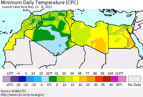 North Africa Minimum Daily Temperature (CPC) Thematic Map For 5/15/2023 - 5/21/2023