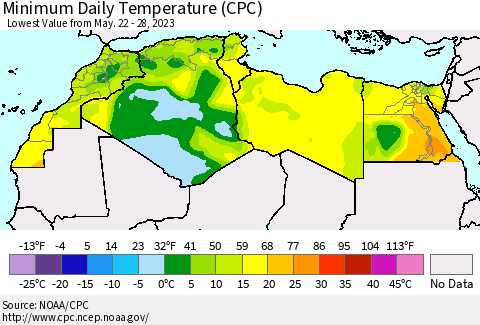 North Africa Minimum Daily Temperature (CPC) Thematic Map For 5/22/2023 - 5/28/2023
