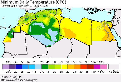 North Africa Minimum Daily Temperature (CPC) Thematic Map For 5/29/2023 - 6/4/2023