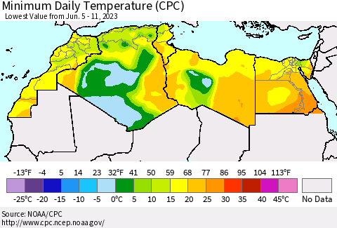 North Africa Minimum Daily Temperature (CPC) Thematic Map For 6/5/2023 - 6/11/2023