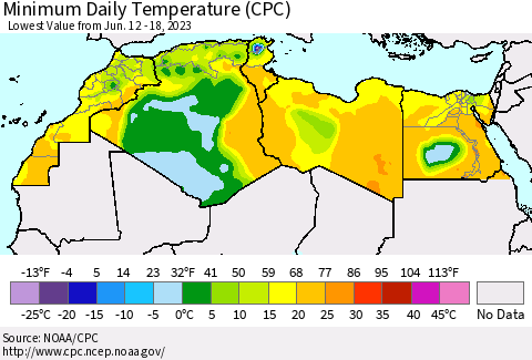 North Africa Minimum Daily Temperature (CPC) Thematic Map For 6/12/2023 - 6/18/2023