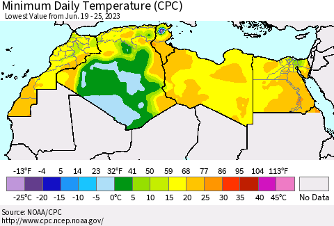 North Africa Minimum Daily Temperature (CPC) Thematic Map For 6/19/2023 - 6/25/2023