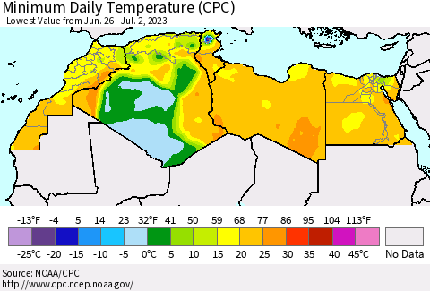 North Africa Minimum Daily Temperature (CPC) Thematic Map For 6/26/2023 - 7/2/2023