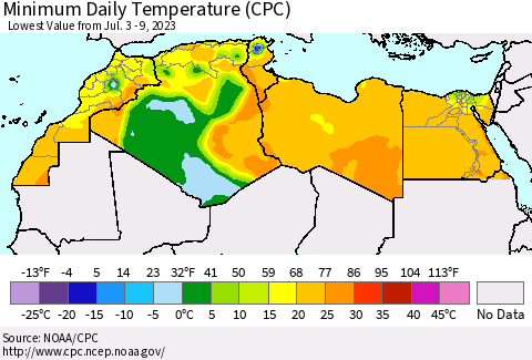 North Africa Minimum Daily Temperature (CPC) Thematic Map For 7/3/2023 - 7/9/2023