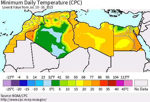 North Africa Minimum Daily Temperature (CPC) Thematic Map For 7/10/2023 - 7/16/2023