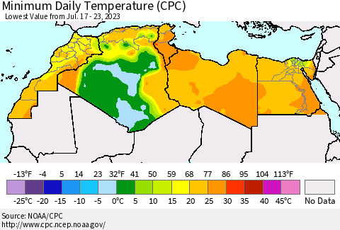 North Africa Minimum Daily Temperature (CPC) Thematic Map For 7/17/2023 - 7/23/2023