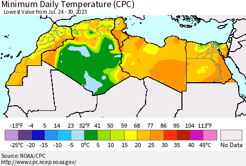 North Africa Minimum Daily Temperature (CPC) Thematic Map For 7/24/2023 - 7/30/2023
