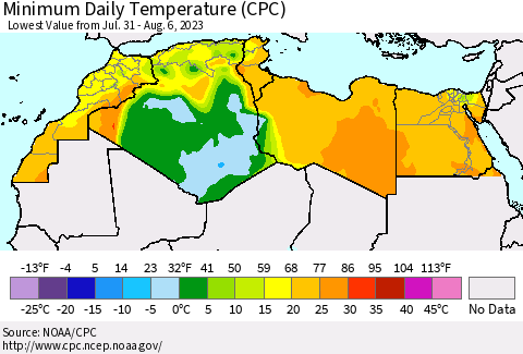 North Africa Minimum Daily Temperature (CPC) Thematic Map For 7/31/2023 - 8/6/2023