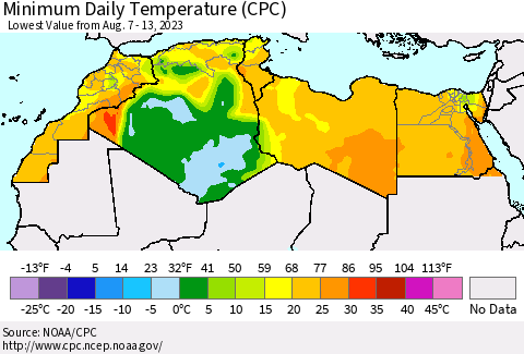 North Africa Minimum Daily Temperature (CPC) Thematic Map For 8/7/2023 - 8/13/2023