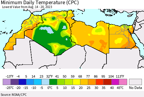 North Africa Minimum Daily Temperature (CPC) Thematic Map For 8/14/2023 - 8/20/2023
