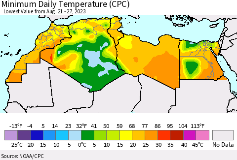 North Africa Minimum Daily Temperature (CPC) Thematic Map For 8/21/2023 - 8/27/2023