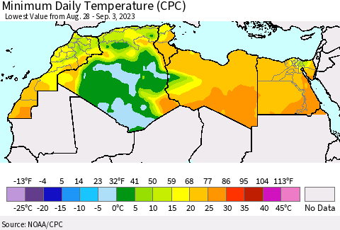North Africa Minimum Daily Temperature (CPC) Thematic Map For 8/28/2023 - 9/3/2023