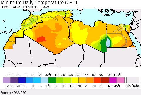 North Africa Minimum Daily Temperature (CPC) Thematic Map For 9/4/2023 - 9/10/2023