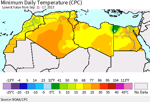 North Africa Minimum Daily Temperature (CPC) Thematic Map For 9/11/2023 - 9/17/2023