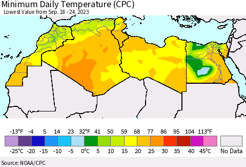 North Africa Minimum Daily Temperature (CPC) Thematic Map For 9/18/2023 - 9/24/2023