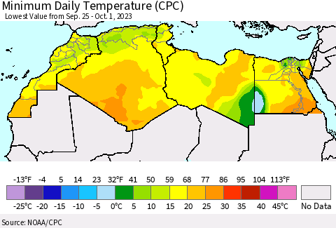 North Africa Minimum Daily Temperature (CPC) Thematic Map For 9/25/2023 - 10/1/2023
