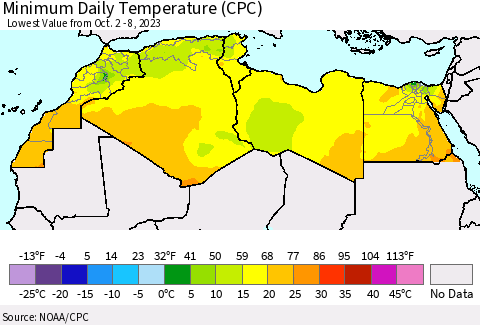 North Africa Minimum Daily Temperature (CPC) Thematic Map For 10/2/2023 - 10/8/2023