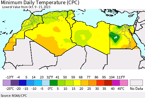 North Africa Minimum Daily Temperature (CPC) Thematic Map For 10/9/2023 - 10/15/2023