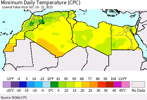 North Africa Minimum Daily Temperature (CPC) Thematic Map For 10/16/2023 - 10/22/2023