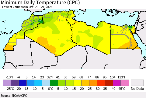 North Africa Minimum Daily Temperature (CPC) Thematic Map For 10/23/2023 - 10/29/2023