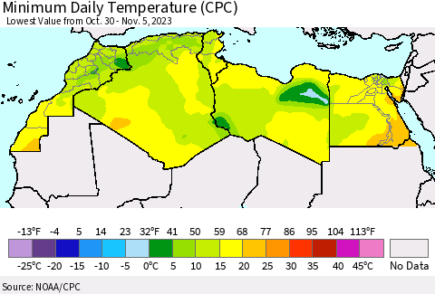 North Africa Minimum Daily Temperature (CPC) Thematic Map For 10/30/2023 - 11/5/2023