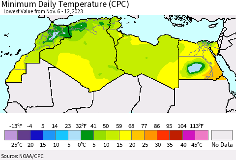 North Africa Minimum Daily Temperature (CPC) Thematic Map For 11/6/2023 - 11/12/2023