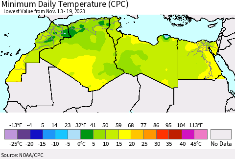 North Africa Minimum Daily Temperature (CPC) Thematic Map For 11/13/2023 - 11/19/2023