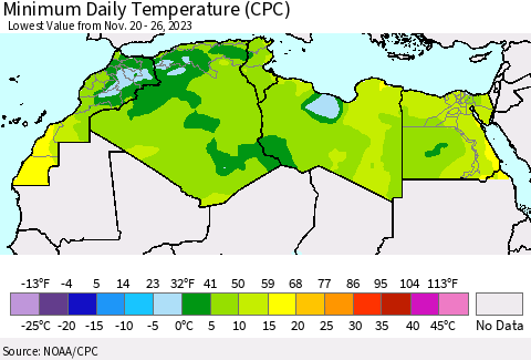 North Africa Minimum Daily Temperature (CPC) Thematic Map For 11/20/2023 - 11/26/2023