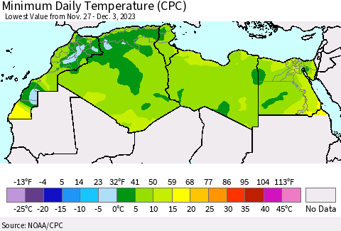 North Africa Minimum Daily Temperature (CPC) Thematic Map For 11/27/2023 - 12/3/2023