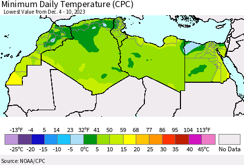 North Africa Minimum Daily Temperature (CPC) Thematic Map For 12/4/2023 - 12/10/2023
