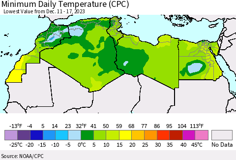 North Africa Minimum Daily Temperature (CPC) Thematic Map For 12/11/2023 - 12/17/2023