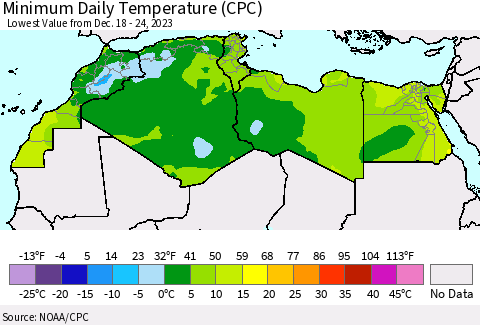 North Africa Minimum Daily Temperature (CPC) Thematic Map For 12/18/2023 - 12/24/2023