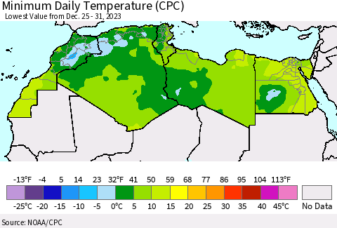 North Africa Minimum Daily Temperature (CPC) Thematic Map For 12/25/2023 - 12/31/2023