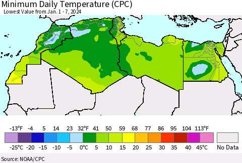 North Africa Minimum Daily Temperature (CPC) Thematic Map For 1/1/2024 - 1/7/2024